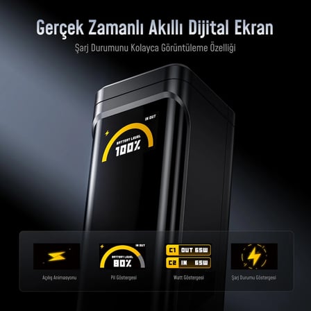 Aohi The Black Warrior 10.000 mAh 65W PD3.0 Powerbank, Akıllı Dijital Göstergeli Taşınabilir Hızlı Şarj Cihazı, Siyah