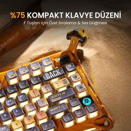GravaStar Mercury K1 Pro Kablosuz RGB Işıklı Mekanik Gaming İngilizce Q Klavye ve M1 Pro Kablosuz Optik Mouse Seti, Battle-Worn Yellow