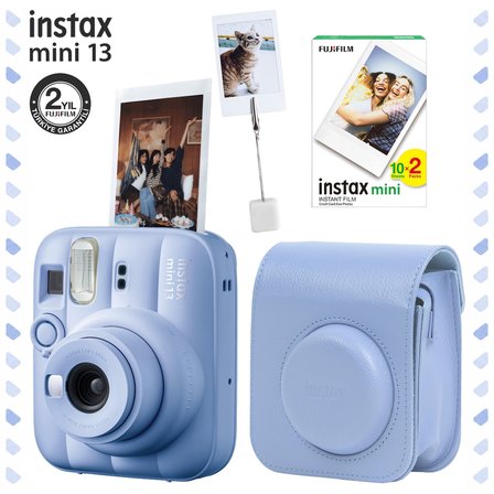 Instax Mini 13 Frost Blue Fotoğraf Makinesi Deri Çanta Kıskaç ve 20'li Film Hediye Seti
