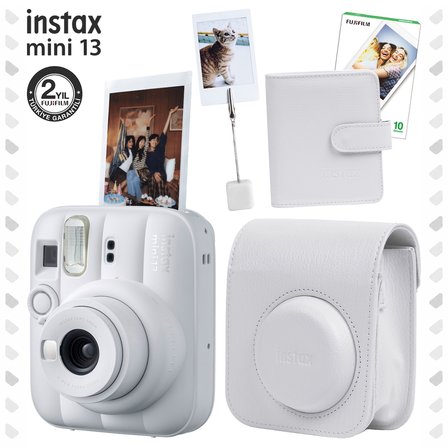 Instax Mini 13 Clay White Fotoğraf Makinesi Deri Çanta Albüm Kıskaç ve 10'lu Film Hediye Seti