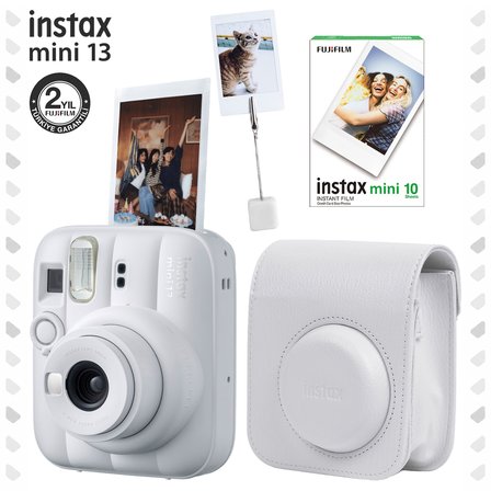 Instax Mini 13 Clay White Fotoğraf Makinesi Deri Çanta Kıskaç ve 10'lu Film Hediye Seti