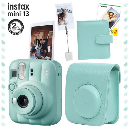 Instax Mini 13 Lagoon Green Fotoğraf Makinesi Deri Çanta Albüm Kıskaç ve 20'li Film Hediye Seti
