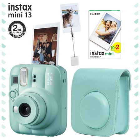 Instax Mini 13 Lagoon Green Fotoğraf Makinesi Deri Çanta Kıskaç ve 20'li Film Hediye Seti