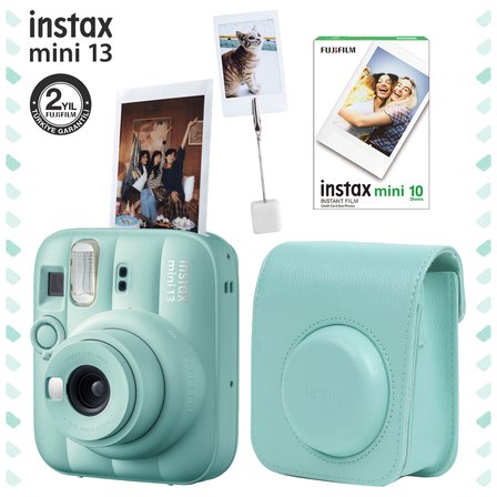 Instax Mini 13 Lagoon Green Fotoğraf Makinesi Deri Çanta Kıskaç ve 10'lu Film Hediye Seti