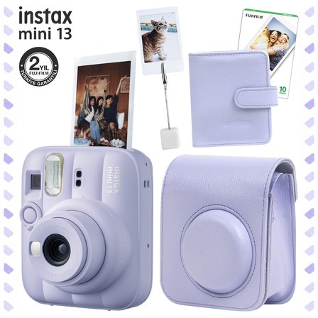 Instax Mini 13 Dreamy Purple Fotoğraf Makinesi Deri Çanta Albüm Kıskaç ve 10'lu Film Hediye Seti
