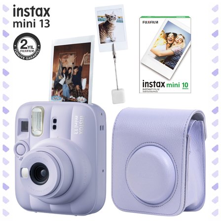 Instax Mini 13 Dreamy Purple Fotoğraf Makinesi Deri Çanta Kıskaç ve 10'lu Film Hediye Seti