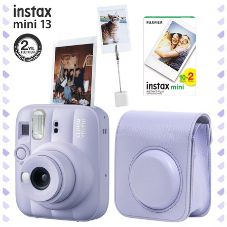 Instax Mini 13 Dreamy Purple Fotoğraf Makinesi Deri Çanta Kıskaç ve 20'li Film Hediye Seti