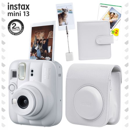 Instax Mini 13 Clay White Fotoğraf Makinesi Deri Çanta Albüm Kıskaç ve 20'li Film Hediye Seti