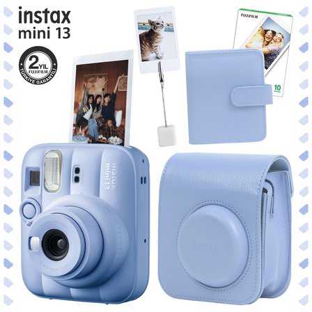 Instax Mini 13 Frost Blue Fotoğraf Makinesi Deri Çanta Albüm Kıskaç ve 10'lu Film Hediye Seti