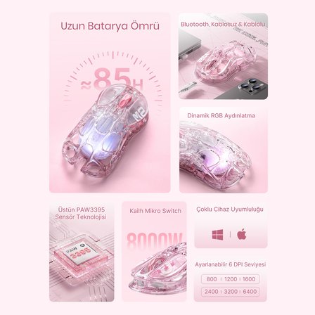 GravaStar Mercury V60 Kablolu Manyetik Gaming İngilizce Q Klavye ve M2 Kablosuz Optik Mouse Seti, Crystal Rose