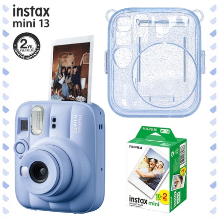 Instax Mini 13 Mavi Fotoğraf Makinesi Simli Pleksi Kılıf ve 20'li Film Hediye Seti