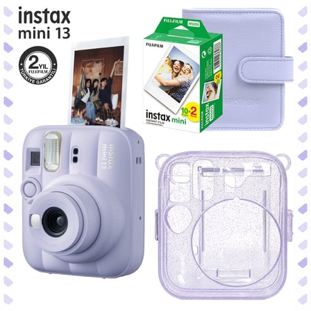 Instax Mini 13 Dreamy Purple Fotoğraf Makinesi Deri Albüm Pleksi Kılıf ve 20'li Film Hediye Seti
