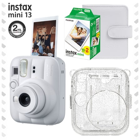 Instax Mini 13 Clay White Fotoğraf Makinesi Deri Albüm Pleksi Kılıf ve 20'li Film Hediye Seti
