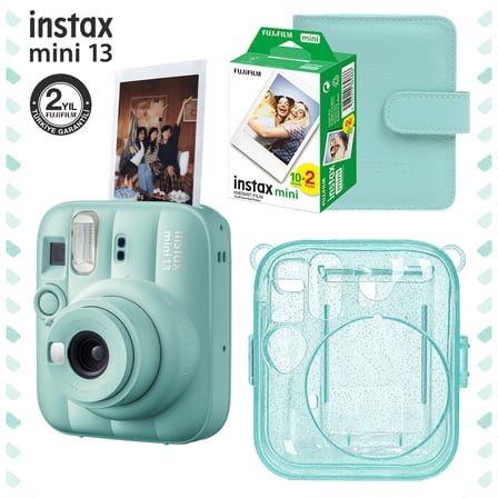 Instax Mini 13  Lagoon Green Fotoğraf Makinesi Deri Albüm Pleksi Kılıf ve 20'li Film Hediye Seti