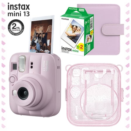 Instax Mini 13 Candy Pink Fotoğraf Makinesi Deri Albüm Pleksi Kılıf ve 20'li Film Hediye Seti