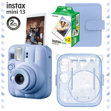 Instax Mini 13 Frost Blue Fotoğraf Makinesi Deri Albüm Pleksi Kılıf ve 20'li Film Hediye Seti