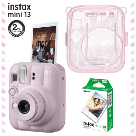 Instax Mini 13 Pembe Fotoğraf Makinesi Simli Pleksi Kılıf ve 10'lu Film Hediye Seti