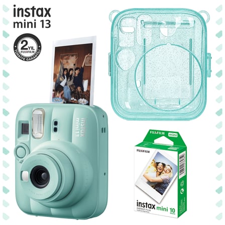 Instax Mini 13 Yeşil Fotoğraf Makinesi Simli Pleksi Kılıf ve 10'lu Film Hediye Seti