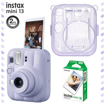Instax Mini 13 Lila Fotoğraf Makinesi Simli Pleksi Kılıf ve 10'lu Film Hediye Seti