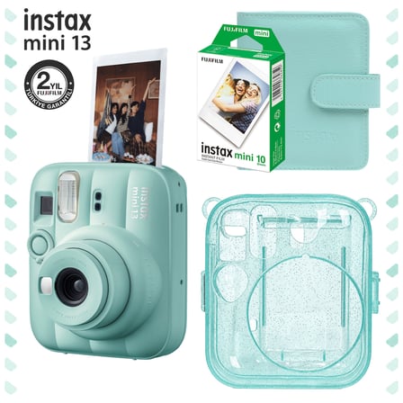 Instax Mini 13 Yeşil Fotoğraf Makinesi Deri Albüm Pleksi Kılıf ve 10'lu Film Hediye Seti