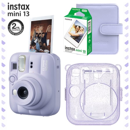 Instax Mini 13 Lila Fotoğraf Makinesi Deri Albüm Pleksi Kılıf ve 10'lu Film Hediye Seti