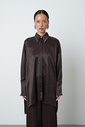 Kadın Düz Renk Oversize Uzun Tesettür Gömlek