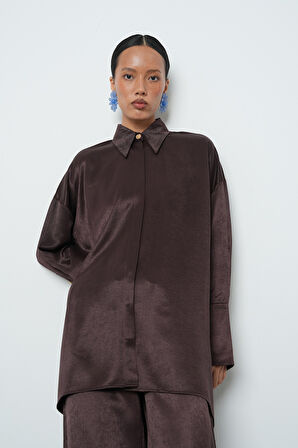 Kadın Düz Renk Oversize Uzun Tesettür Gömlek