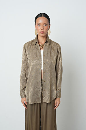 Kadın Haki Renk Desenli Altın Düğmeli Gömlek