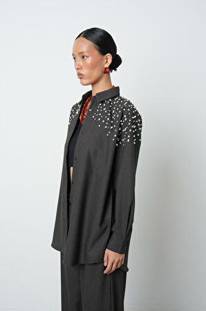 Kadın Robası Taş İşlemeli Oversize Kesim Tesettür Gömlek