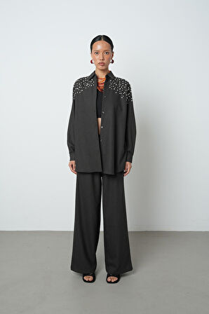 Kadın Robası Taş İşlemeli Oversize Kesim Tesettür Gömlek