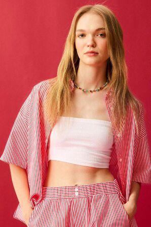 DeFacto Coool Oversize Çizgili Poplin Kısa Kollu Gömlek D3835AX24HSRD93