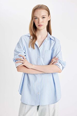 DeFacto Oversize Geniş Kalıp Cepli Çizgili Poplin Uzun Kollu Gömlek B1132AX24AUBE303