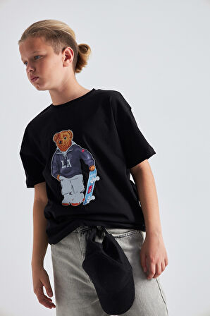 Teddy Bear Kaykay Tasarım  Baskılı %100 Pamuk Erkek Oversize Çocuk Tişört