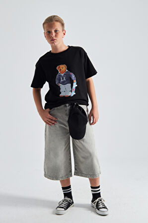 Teddy Bear Kaykay Tasarım  Baskılı %100 Pamuk Erkek Oversize Çocuk Tişört