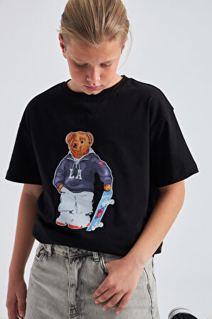 Teddy Bear Kaykay Tasarım  Baskılı %100 Pamuk Erkek Oversize Çocuk Tişört