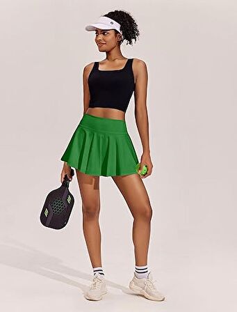Yeşil Yüksek Bel Tenis Etek - DARKALIP Şort Etek - Cepli Mini Spor Etek- İçi Taytlı Çift Katman