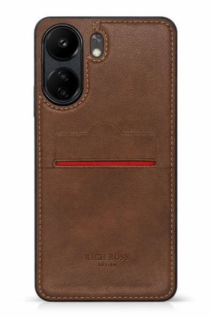 Redmi 13C Kartlıklı Rich Boss Lüx Deri Kılıf Koyu Kahve