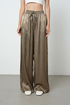 Kadın Açık Haki Düz %100 Viskoz Bol Paça Beli Lastikli Pantolon