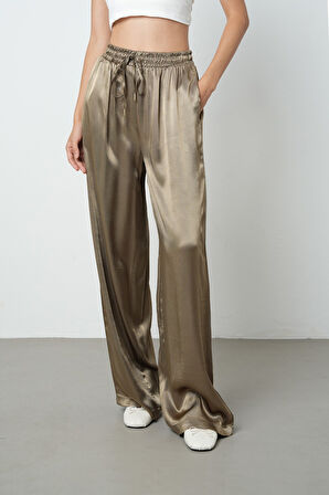 Kadın Açık Haki Düz %100 Viskoz Bol Paça Beli Lastikli Pantolon