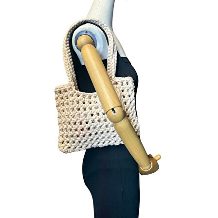 Uretti - Emine 9106 El Örgüsü Ahşap Boncuk Detaylı Penye Kumaş Omuz Çantası - 27 x 21