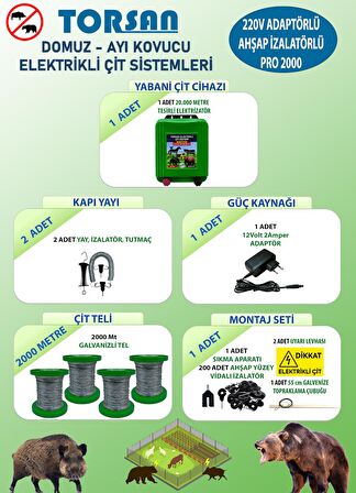 TORSAN 220V ADAPTÖRLÜ PRO 2000 Elektrikli Çit Sistemi ( Domuz - Ayı Kovucu ) 2000MT