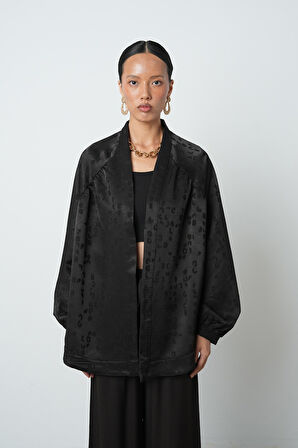 Kadın Siyah Leopar Desenli Oversize Kesim Tesettür Kimono