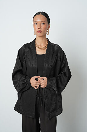 Kadın Siyah Leopar Desenli Oversize Kesim Tesettür Kimono