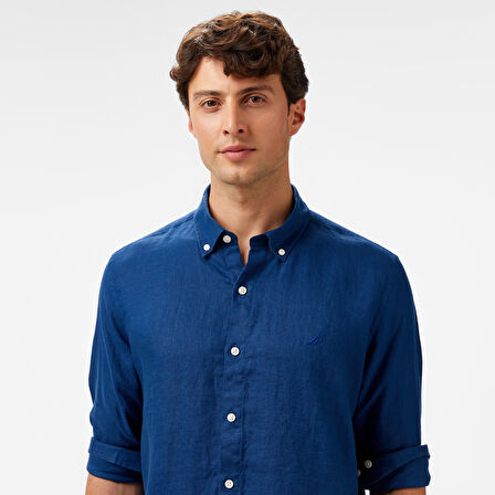 Nautica Erkek Mavi Classic Fit Keten Gömlek