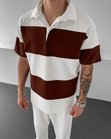 Yatay Çizgili Polo Yaka Oversize Unisex T-Shirt