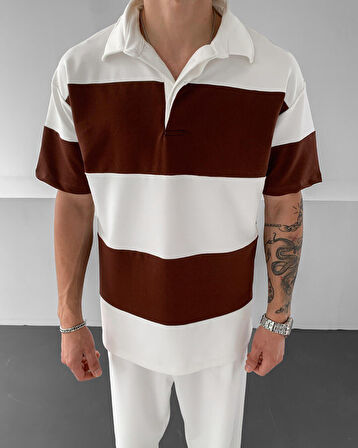 Yatay Çizgili Polo Yaka Oversize Unisex T-Shirt