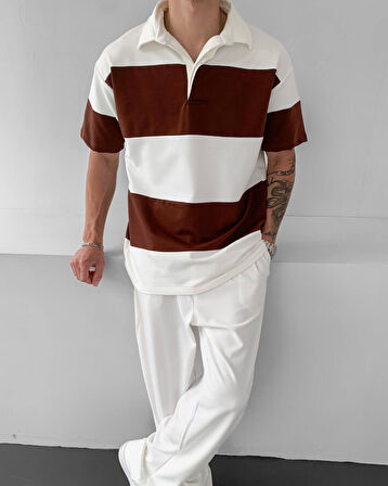 Yatay Çizgili Polo Yaka Oversize Unisex T-Shirt