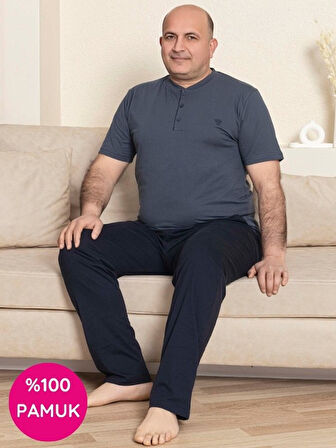 Erkek Geniş Kalıp %100 Pamuk Kısa Kol Cepli Büyük Beden Pijama Takımı