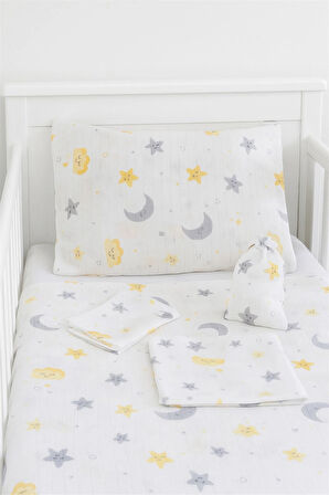More Home Bebek Müslin Set %100 Pamuk 7 Parça Battaniye Ağız  Bezi Müslin ay yıldızlı 