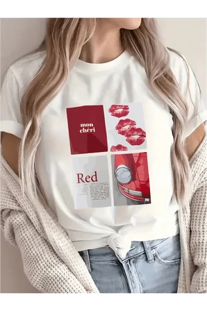 Unisex Red Mon Cheri Baskılı Tasarım Tshirt